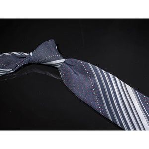 Vintage Ted Lapidus Silk Skinny Tie Navy Grey Stripes Mens Luxury Necktie